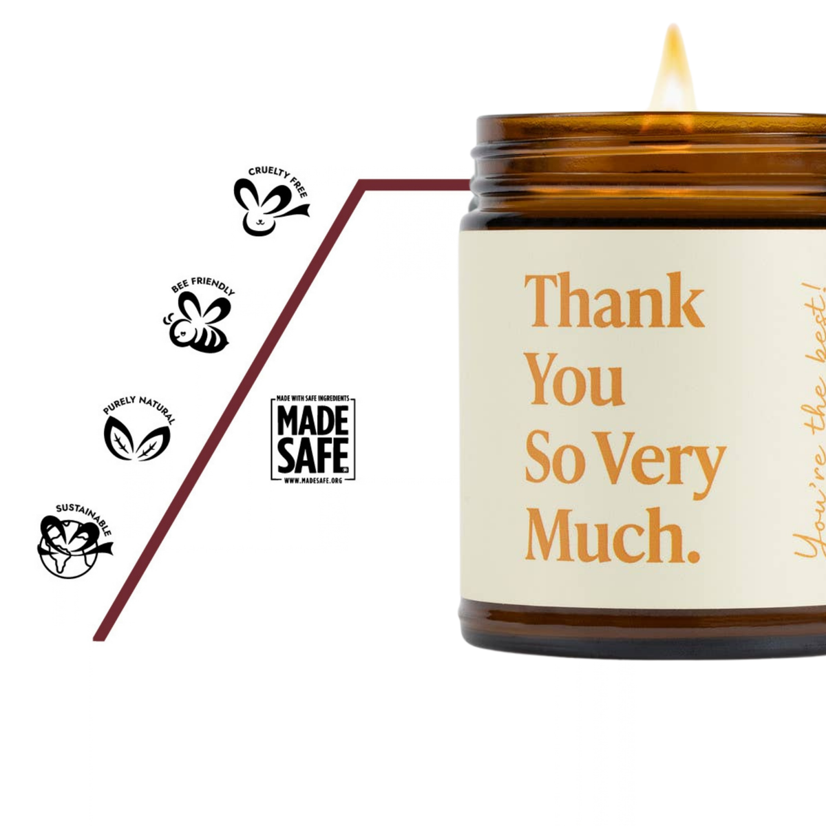 MADE SAFE®-Zertifizierung der Thank You Very Much Fresh Linen Duftkerze von Fontana Candles mit natürlichen Inhaltsstoffen aus Bienenwachs, Kokosöl und ätherischen Ölen.