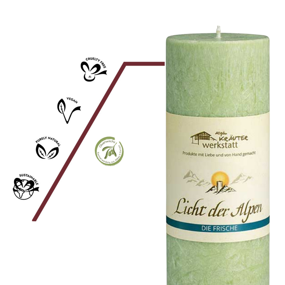 Vegane, nachhaltige Aromakerze Licht der Alpen Die Frische mit pflanzlichem Wachs und naturreinen ätherischen Ölen