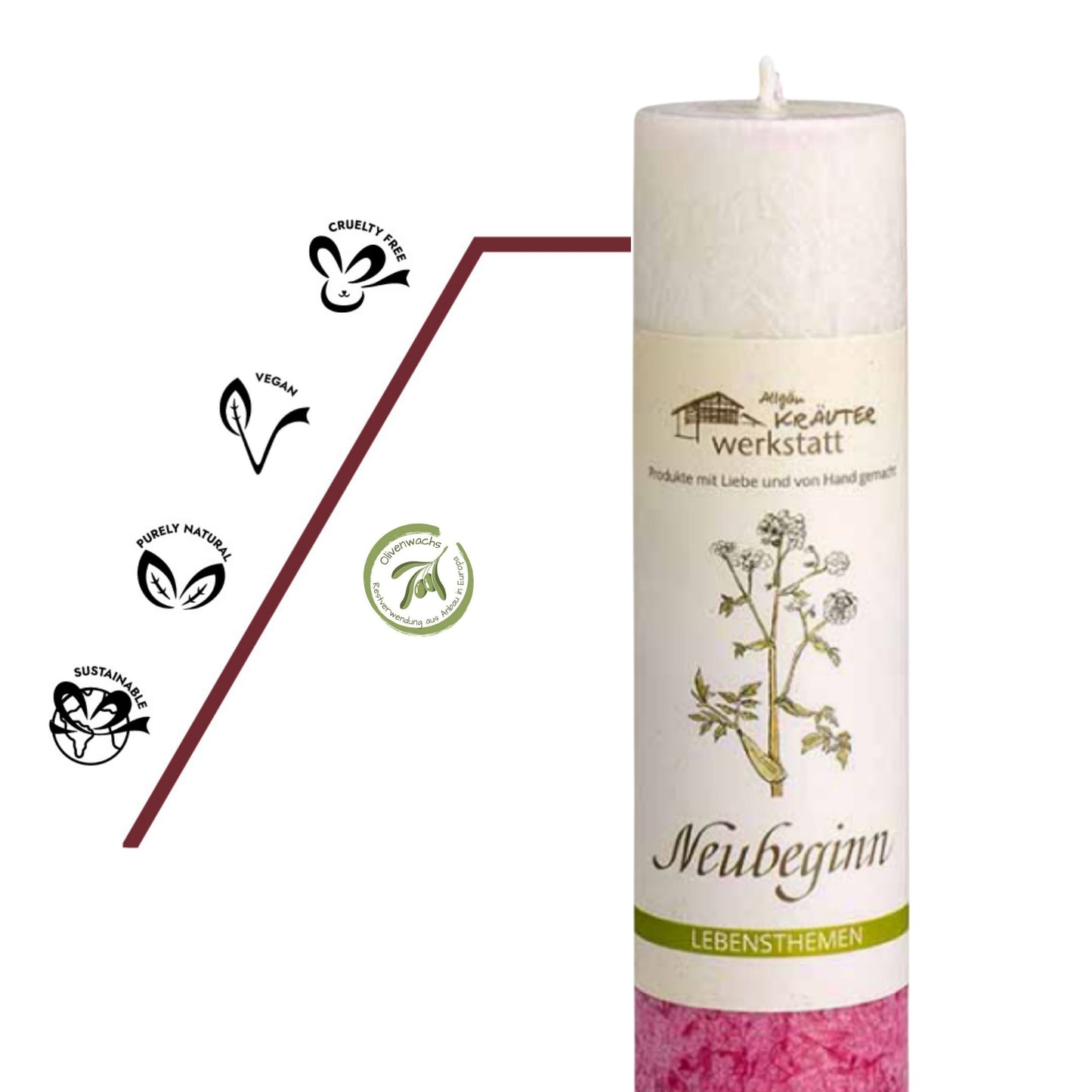 Vegane, nachhaltige Kräuterkerze Neubeginn mit pflanzlichem Oliven-Stearin und naturreinen ätherischen Ölen