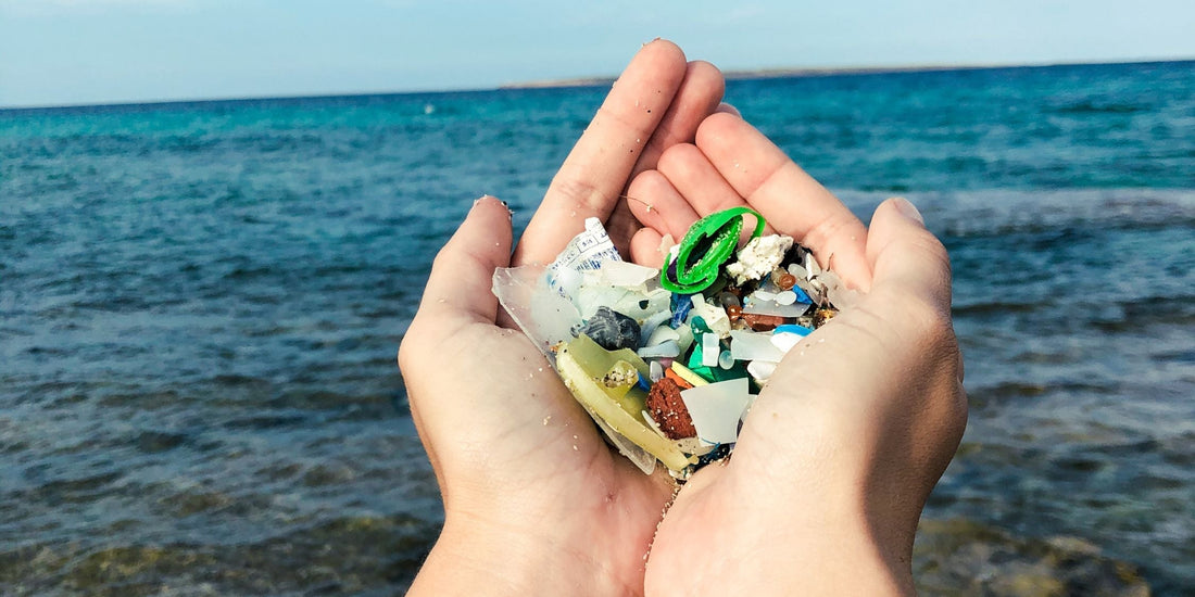 Hand sammelt Plastikmüll am Meer