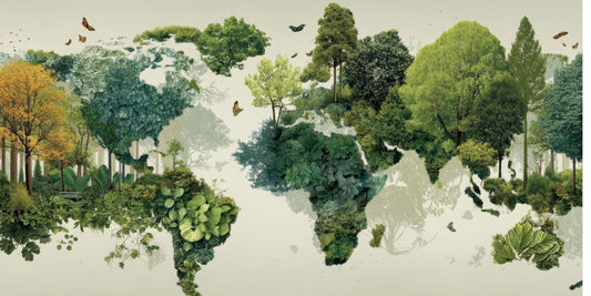 Weltkarte der Erde, grün voller Natur und Bäumen. Einklang von Mensch und Natur in unserem Naturshop