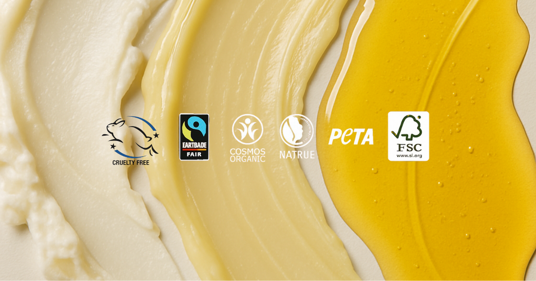 Zertifizierungen für Naturkosmetik wie COSMOS Organic, NATRUE, PETA, Leaping Bunny und Fairtrade – für nachhaltige, ethische und natürliche Produkte, wie Bio-Pflegeöle & Bio Shea Butter