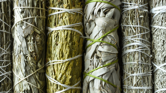 Verscheidene Salbei-Bündel, mit Lavendel, Eukalyptus, Rosmarin nebeneinander.