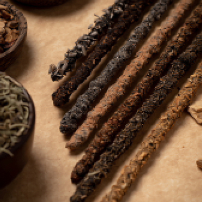 Chakren-Raeucherstäbchen mit Copal, Myrrhe, Palo Santo, Rosen, Lavendel, Rosmarin und Sandelholz für spirituelle Rituale.