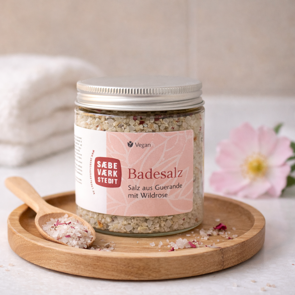 Badesalz-Verpackung auf Holzteller. Close-up der Textur.