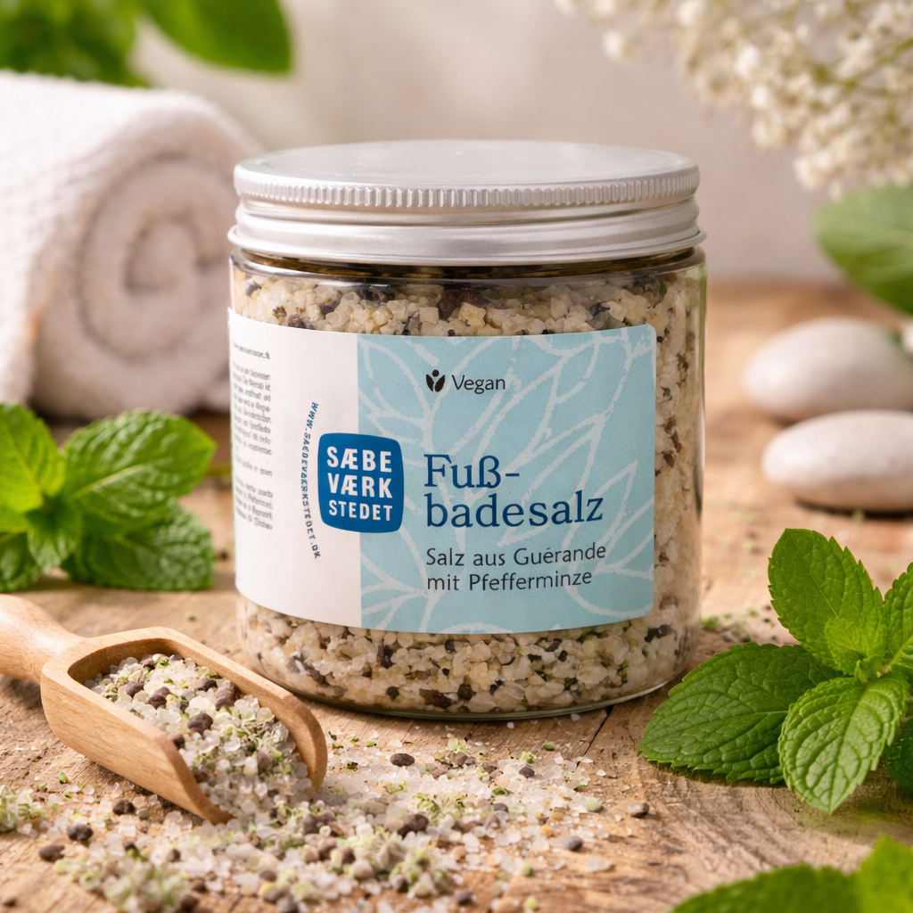 Bio Badesalz umgeben von frischer Pfefferminze für vitalisierendes Fussbad