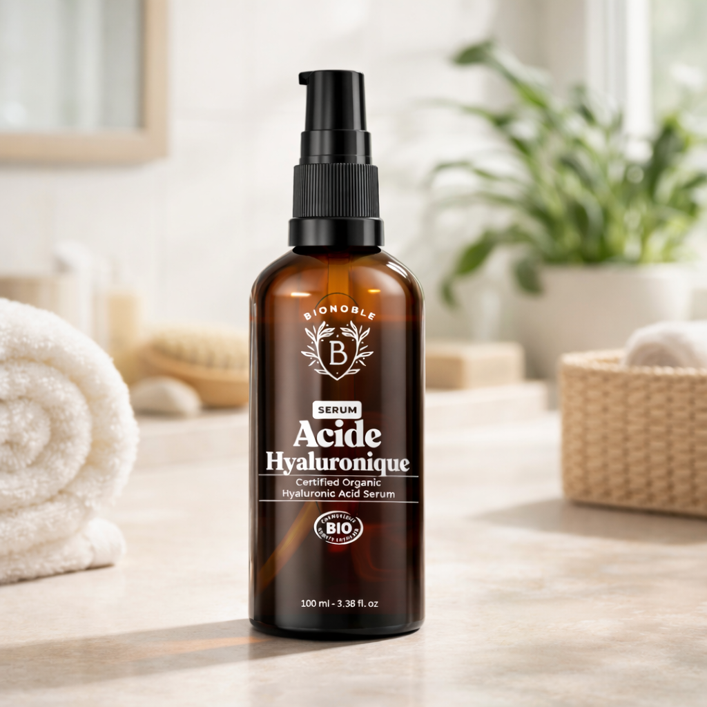 Bio-Hyaluronserum im Badezimmer. Naturkosmetik für Gesicht, Hals und Dekolleté, vegan & naturrein