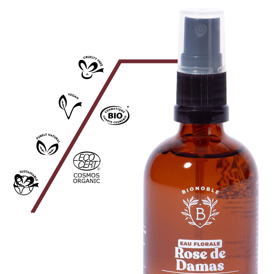 Bio-Rosenhydrolat mit COSMOS ORGANIC, Ecocert und veganen Zertifikaten, garantiert biologisch, naturrein und dermatologisch getestet