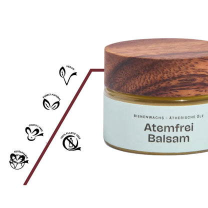 Bio Balsam mit Bee-friendly Bienenwachs, Jojobaöl, ätherischen Ölen aus Eukalyptus, Edeltanne, Lavendel und Niaouli – befreiend und ausgleichend.