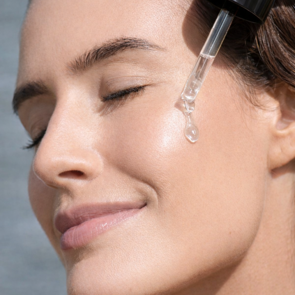 Rizinusöl reichhaltige Pflege auf Gesicht getropft. Schützend, nährend & tiefenwirksam.