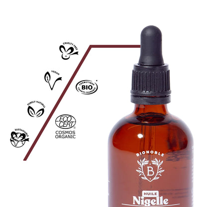 Bio Schwarzkümmelöl mit COSMOS ORGANIC Zertifizierung, geprüft nach strengen Naturkosmetik-Standards, vegan und aus kontrolliert biologischem Anbau