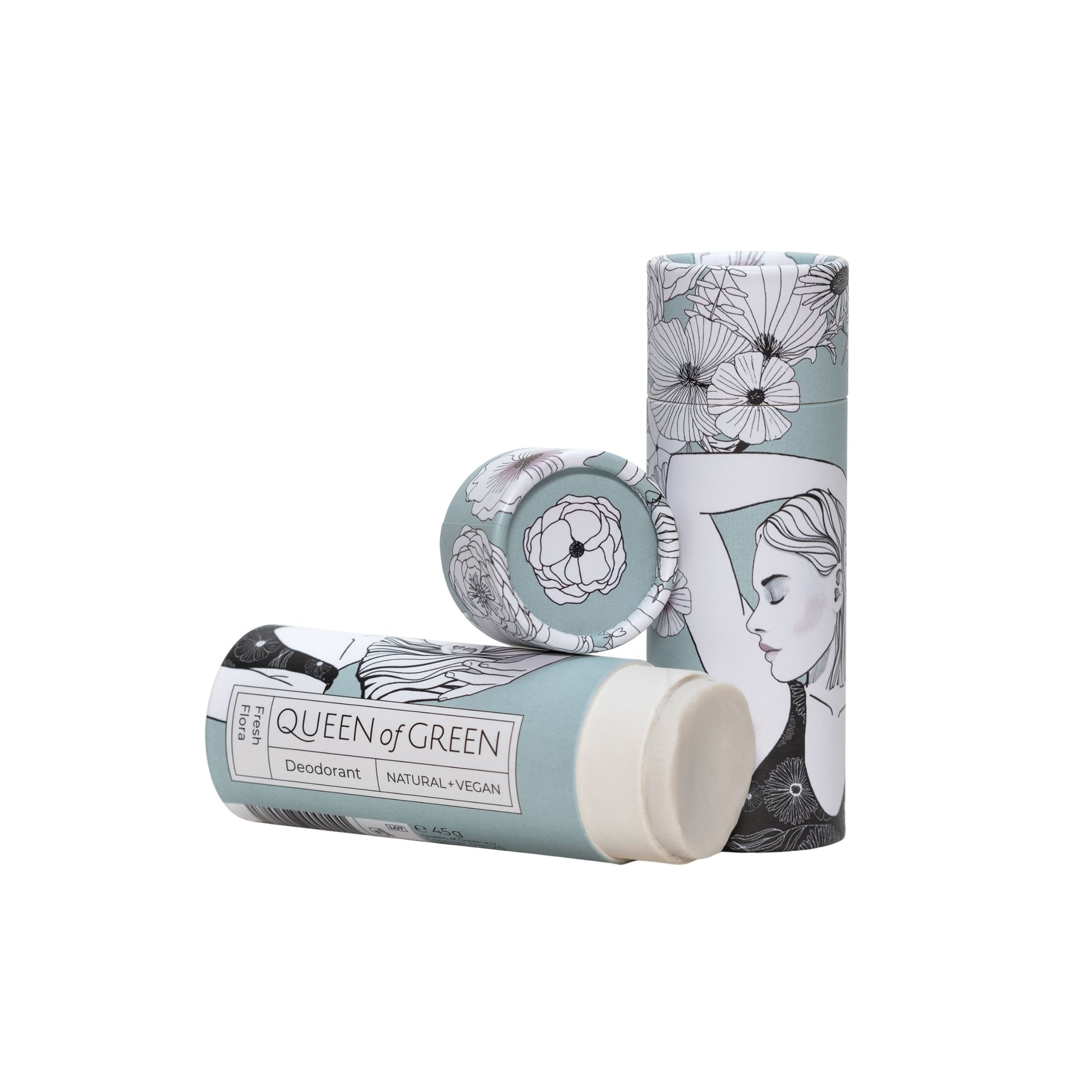 Übersicht der natürlichen Inhaltsstoffe des Fresh Flora Deodorants – Sheabutter, Kokosöl, Zinkoxid und pflanzliche Wachsbestandteile für pflegende Wirkung.