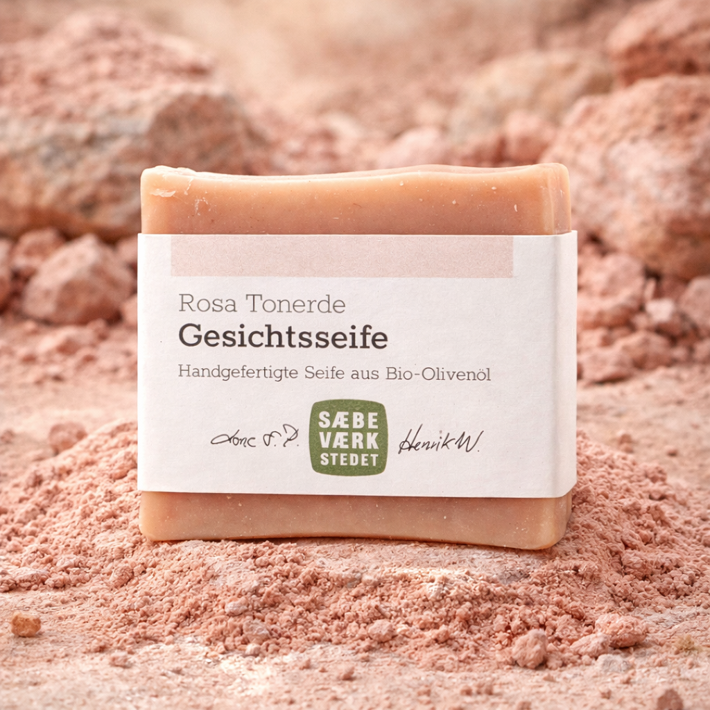 Sanfte Rosa-Tonerde-Bio-Seife für das Gesicht, reinigt, klärt und belebt die Haut auf natürliche Weise.