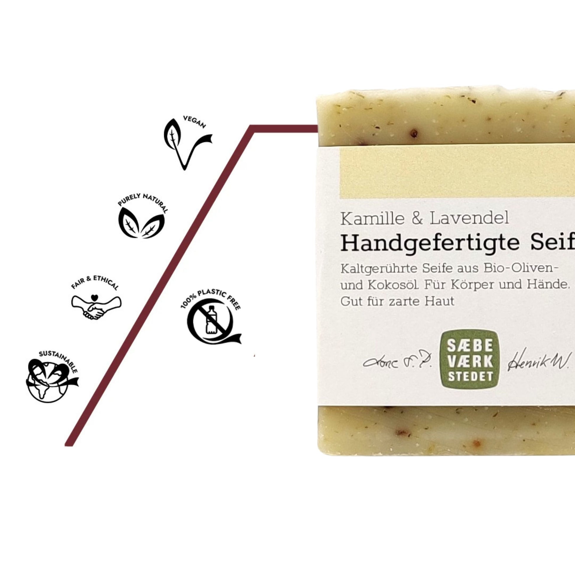 Vegan, 100% natürliche Indiz, plastikfrei, fair & ethnical und nachhaltige Olivenseife mit Kamille und Lavendel