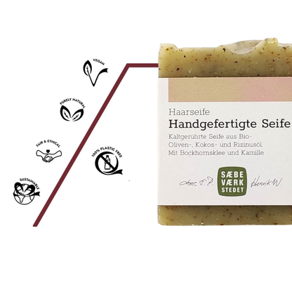 Plastikfreie Naturseife für die Haarwäsche, Vegan, 100% natürliche Inhaltsstoffe, biologisch abbaubar.