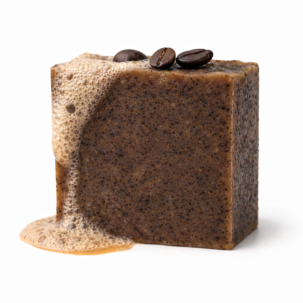 Handgemachte Kaffeeseife mit Kaffeebohnen, entfernt Gerüche, regt die Haut an und sorgt für straffe, gepflegte Haut.