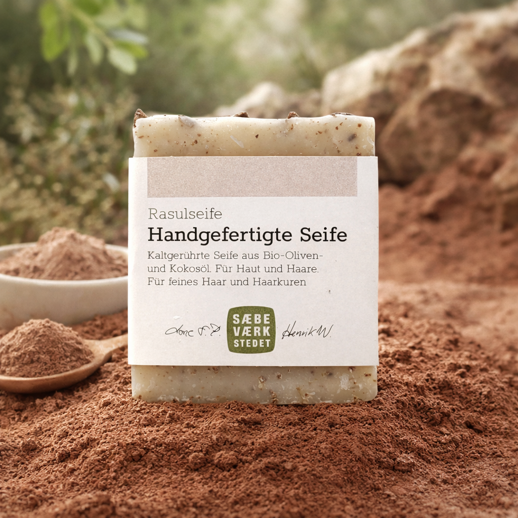 Handgemachte Natutseife Front mit Papierverpackung. Bio Olivenöl mit Bio Kokosöl für Haare, Gesicht und Körper
