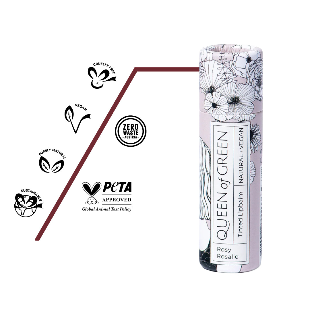 Bio-zertifizierter Lip Balm Rosy Rosalie mit pflanzlichen Inhaltsstoffen, vegan, frei von Parabenen und Silikonen, nachhaltig verpackt.