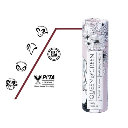 Bio-zertifizierter Lip Balm Rosy Rosalie mit pflanzlichen Inhaltsstoffen, vegan, frei von Parabenen und Silikonen, nachhaltig verpackt.