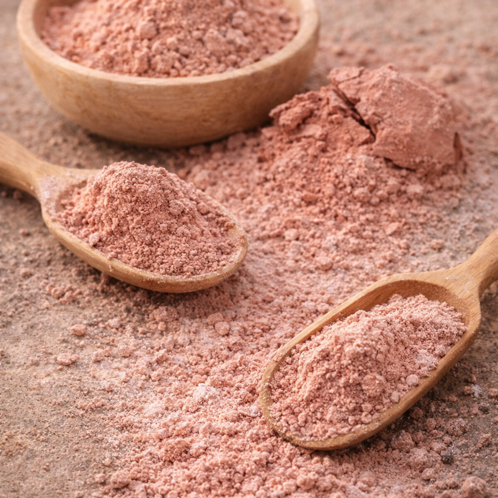 Rosa Tonerde, reinigend, sanft peelend und für strahlende, glatte Haut.