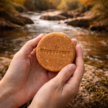 Frau hält Zimt Seife als Shampoon Händen. 