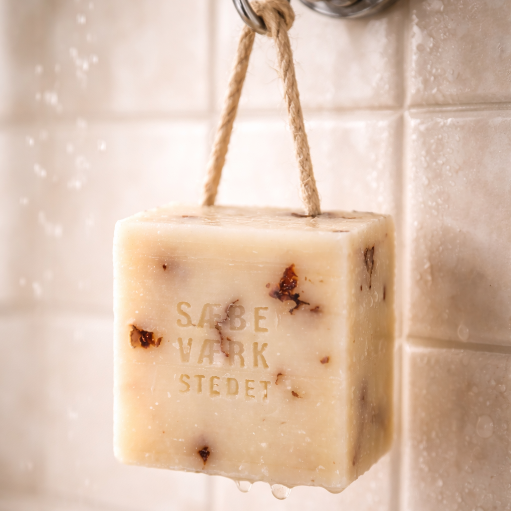 Sanfte Wildrosenseife – praktisch mit Kordel zum Aufhängen in der Dusche. Feuchtigkeitsspendende Naturseife für empfindliche Haut, hergestellt nach Kaltpressmethode.