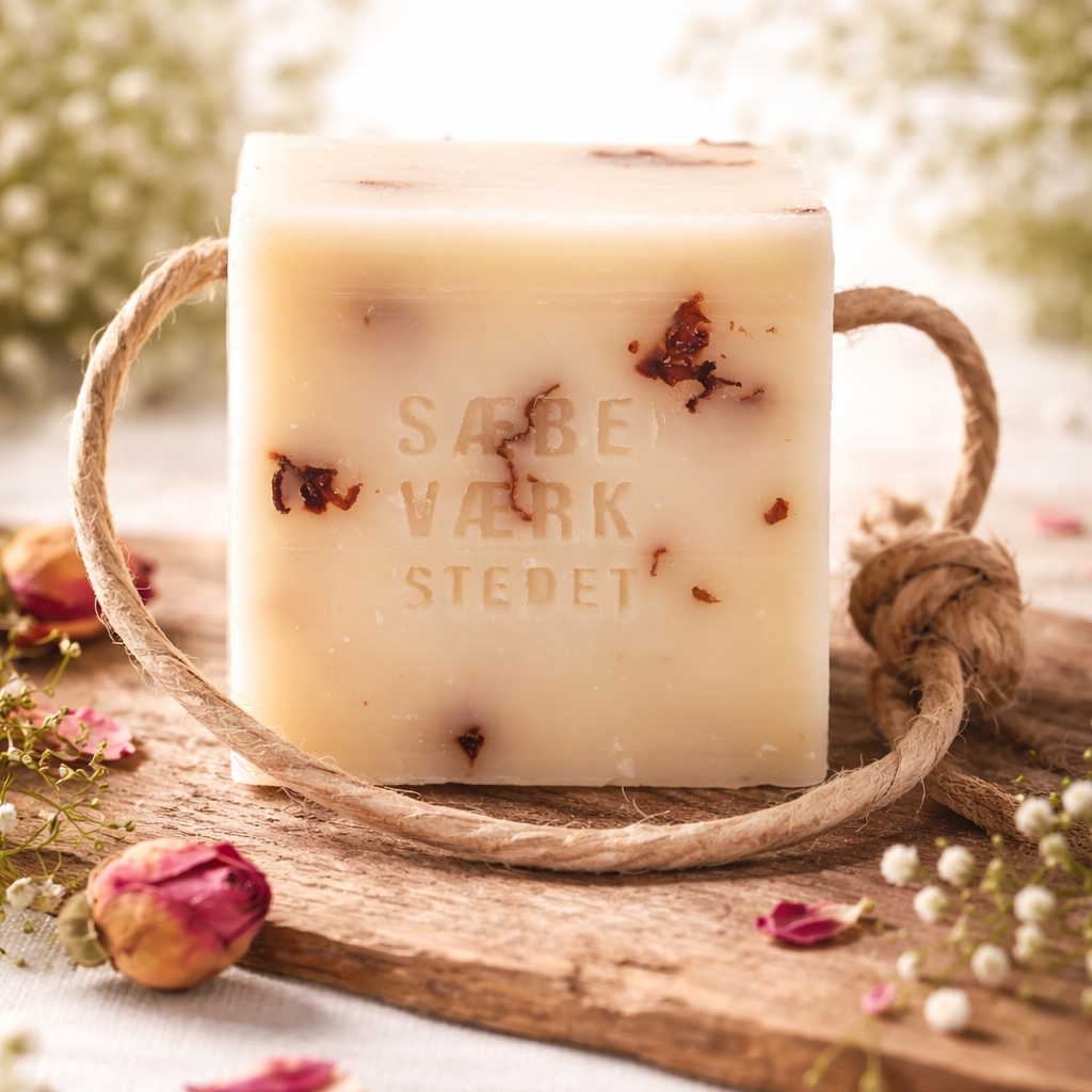 Handgefertigte Wildrosenseife mit Rosenblüten, Lavendelöl und Pelargoniumöl – sanfte Pflege und geschmeidige Haut