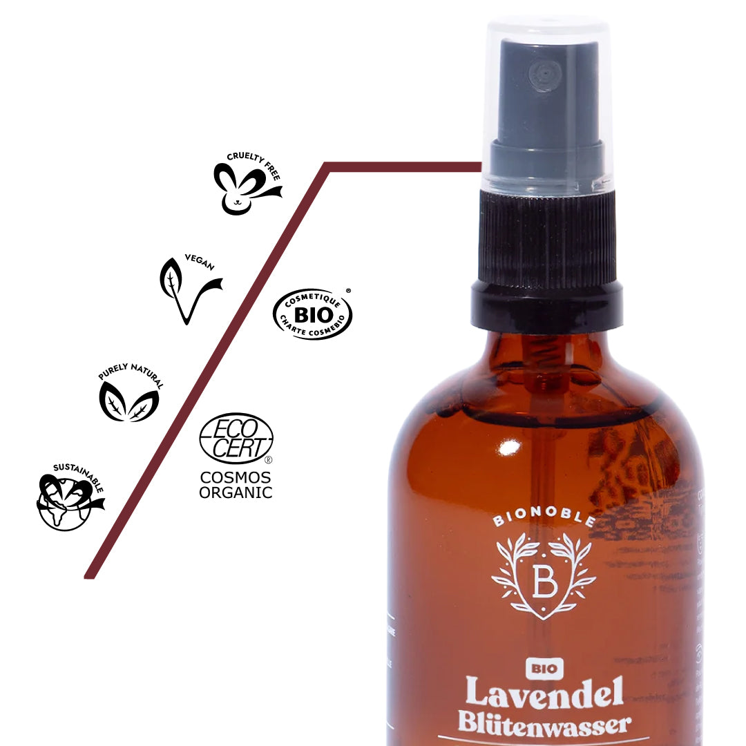 Zertifizierte Bio- und Naturkosmetik: COSMOS ORGANIC und Ecocert Label auf dem Bio-Lavendelhydrolat, 100 % naturrein, vegan, cruelty-free und frei von synthetischen Zusätzen.