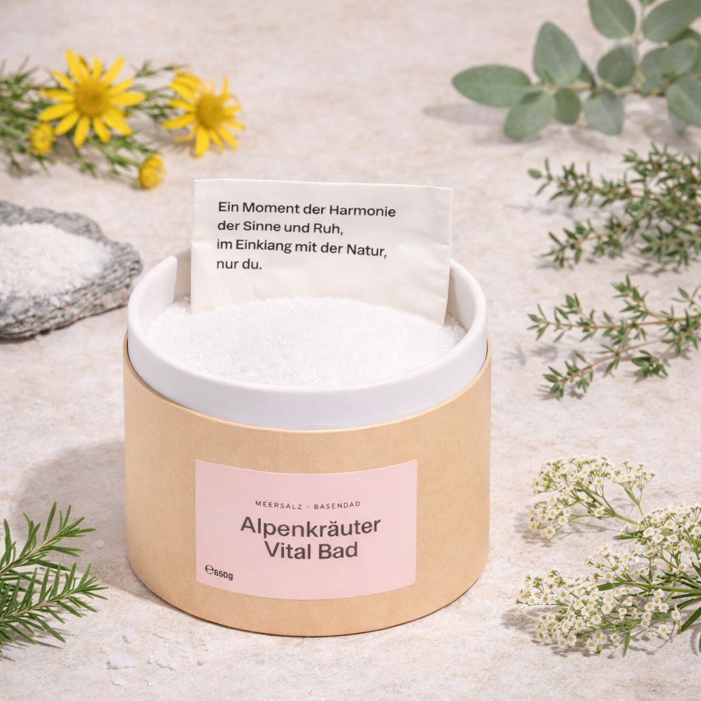 Alpenkräuter Vital-Badsalz mit Jojobaöl, Tanne, Lavendel, Eukalyptus Arnika  in nachhaltiger Verpackung, vegan und naturreine Inhaltsstoffe
