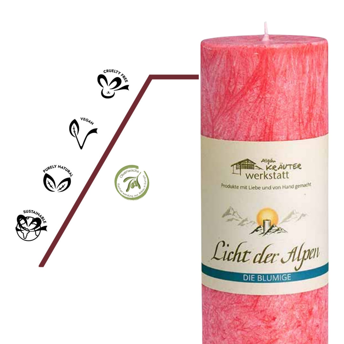 Vegane, nachhaltige Aromakerze Licht der Alpen Die Blumige mit pflanzlichem Wachs und naturreinen ätherischen Ölen