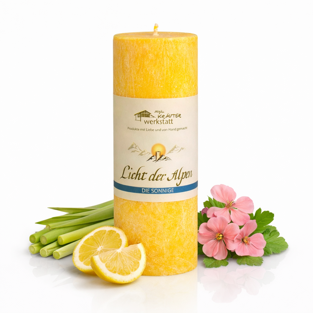 Duftkomposition der Licht der Alpen Die Sonnige Aromakerze, warm und harmonisch, pflanzliche ätherische Öle