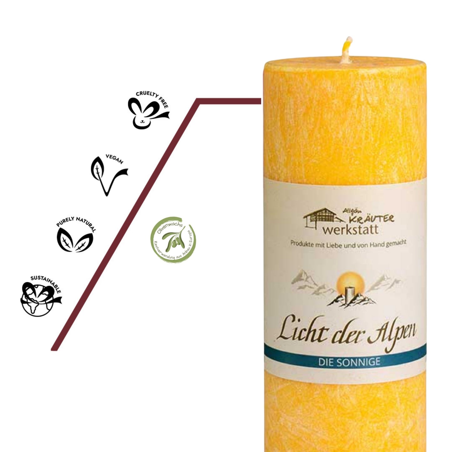 Vegane, nachhaltige Aromakerze Licht der Alpen Die Sonnige mit pflanzlichem Wachs und reinem Duft
