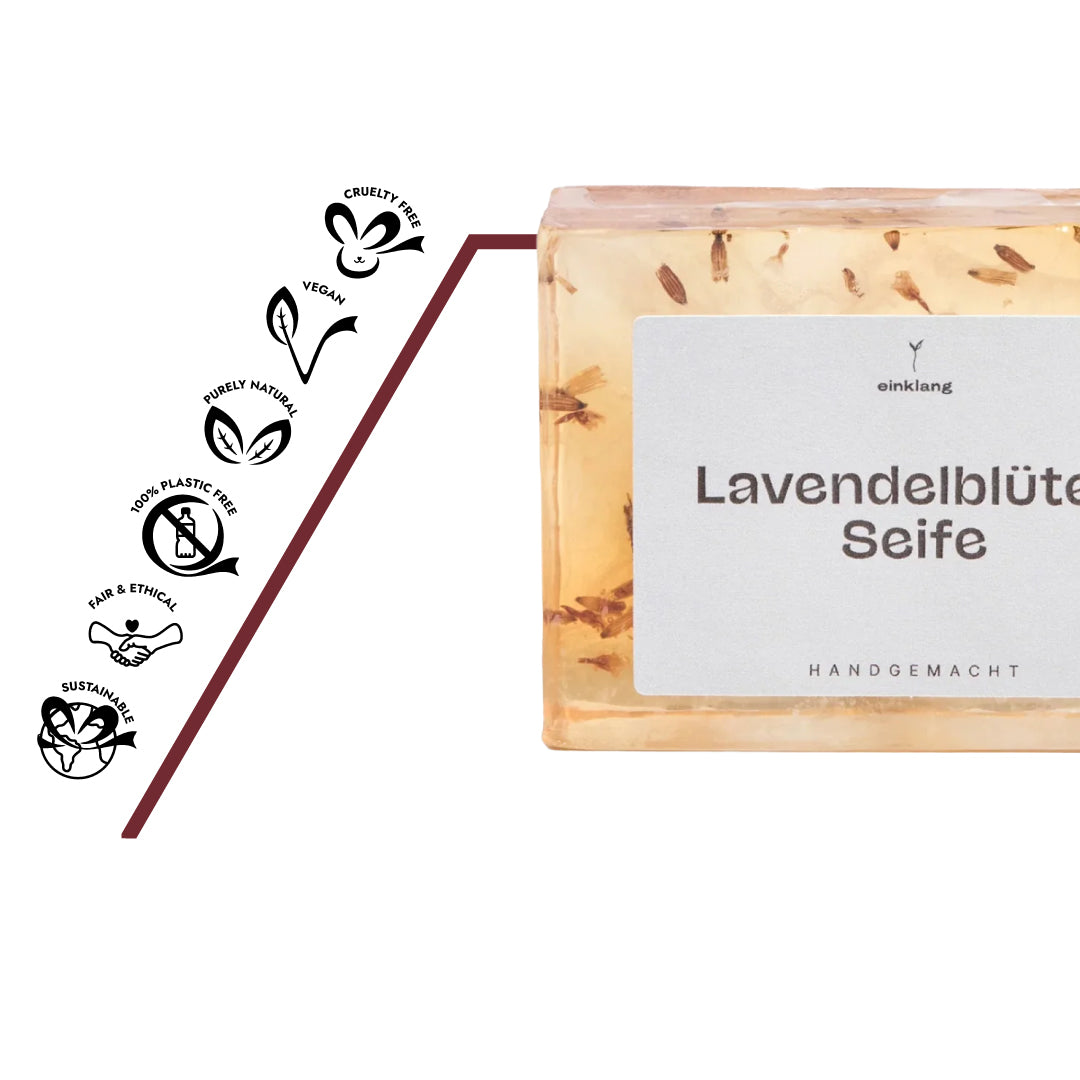 Übersicht der Inhaltsstoffe der Bio Seife Lavendelblüten – ätherisches Lavandinöl aus der Provence, pflanzliche Tenside, Glycerin und Sorbitol.