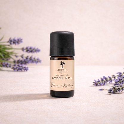 Flasche Bio ätherisches Öl Lavendel Aspik auf beigeem, cleanem Studio-Hintergrund, mit Infusionszutaten passend zum Öl im Hintergrund. 100 % naturrein, biologisch, pflanzlich und vegan,