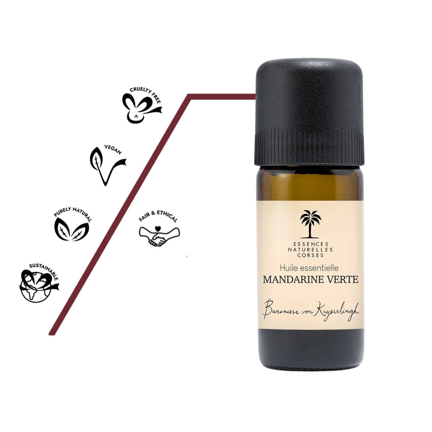 Flasche Bio ätherisches Öl Grüne Mandarine aus 100 % biologischem und naturreinem Anbau, teilweise biodynamisch kultiviert, aus eigener Handernte und Wildsammlung, vollständig pflanzlich und vegan, ohne Tierversuche hergestellt, mit transparenter Herstellung von Anbau über Destillation bis Abfüllung.