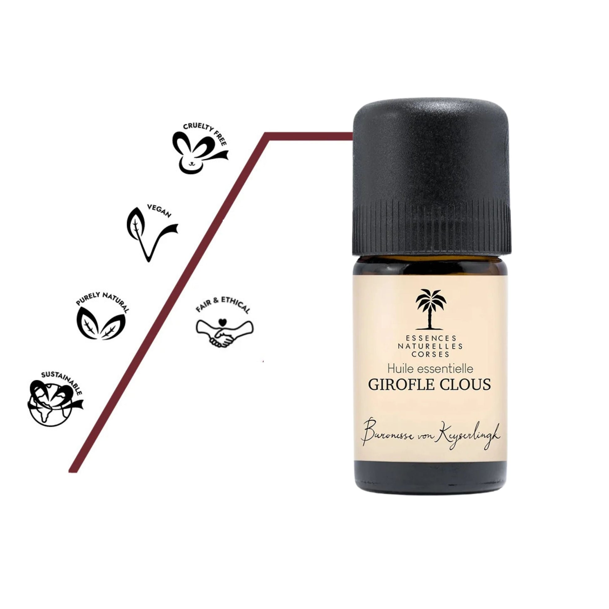 Flasche Bio ätherisches Öl Nelke aus 100 % biologischem und naturreinem Anbau, teilweise biodynamisch kultiviert, aus eigener Handernte und Wildsammlung, vollständig pflanzlich und vegan, ohne Tierversuche hergestellt, mit transparenter Herstellung von Anbau über Destillation bis Abfüllung.