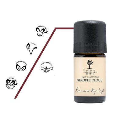 Flasche Bio ätherisches Öl Nelke aus 100 % biologischem und naturreinem Anbau, teilweise biodynamisch kultiviert, aus eigener Handernte und Wildsammlung, vollständig pflanzlich und vegan, ohne Tierversuche hergestellt, mit transparenter Herstellung von Anbau über Destillation bis Abfüllung.