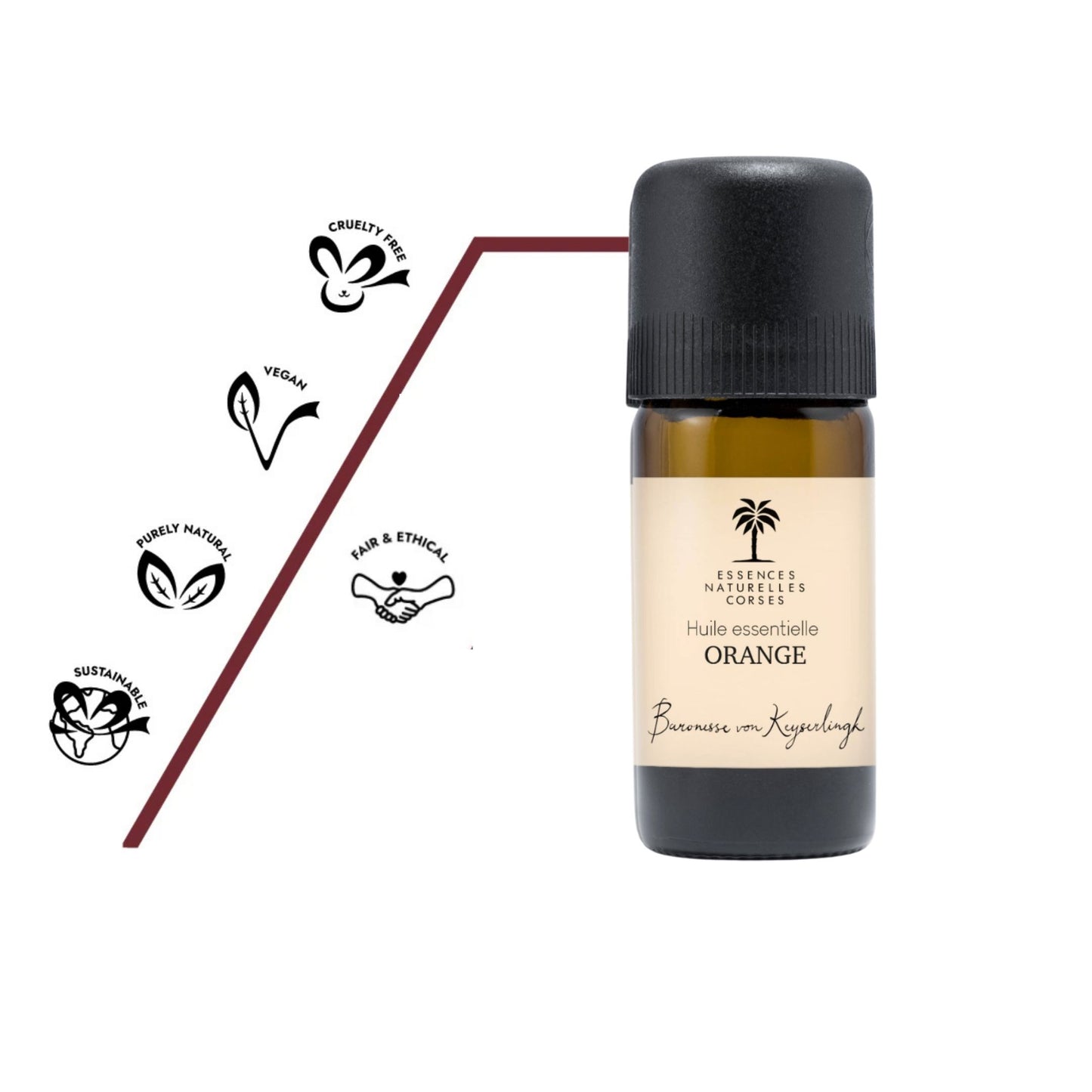 Flasche Bio ätherisches Öl Orange. 100 % naturrein, biologisch, pflanzlich und vegan, aus biodynamischem Anbau und Handernte, transparent hergestellt von Pflanze bis Abfüllung.