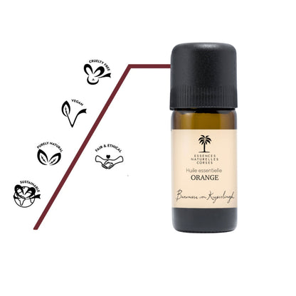 Flasche Bio ätherisches Öl Orange. 100 % naturrein, biologisch, pflanzlich und vegan, aus biodynamischem Anbau und Handernte, transparent hergestellt von Pflanze bis Abfüllung.