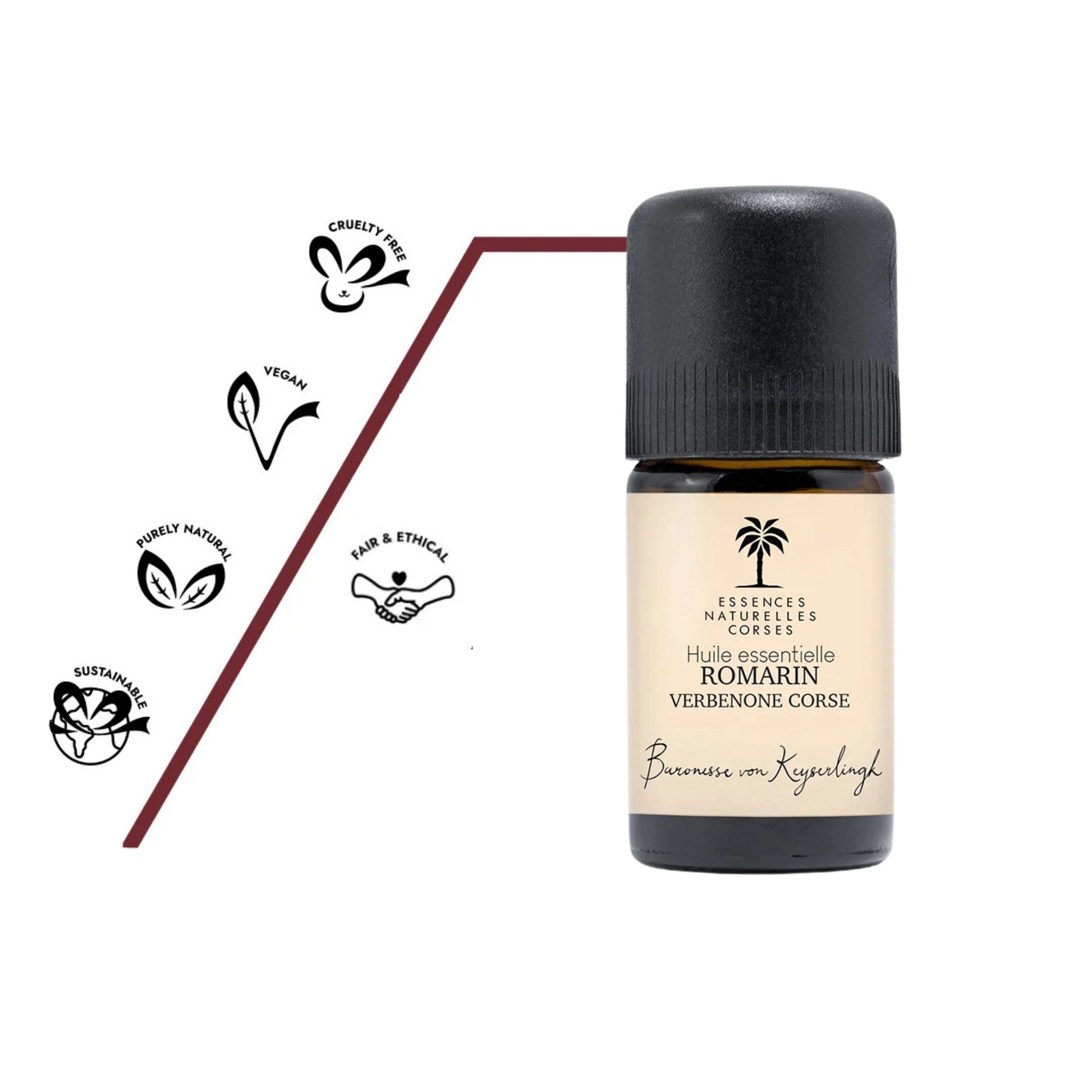 Flasche Bio ätherisches Öl Rosmarien aus 100 % biologischem und naturreinem Anbau, teilweise biodynamisch kultiviert, aus eigener Handernte und Wildsammlung, vollständig pflanzlich und vegan, ohne Tierversuche hergestellt, mit transparenter Herstellung von Anbau über Destillation bis Abfüllung.