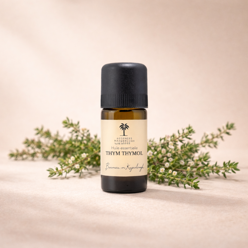 Flasche Bio ätherisches Öl Thymian aus 100 % biologischem und naturreinem Anbau, teilweise biodynamisch kultiviert, aus eigener Handernte und Wildsammlung, vollständig pflanzlich und vegan, ohne Tierversuche hergestellt, mit transparenter Herstellung von Anbau über Destillation bis Abfüllung.