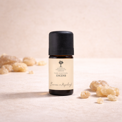 Flasche Bio ätherisches Öl Weihrauch auf beigeem, cleanem Studio-Hintergrund, mit Infusionszutaten passend zum Öl im Hintergrund. 100 % naturrein, biologisch, pflanzlich und vegan,