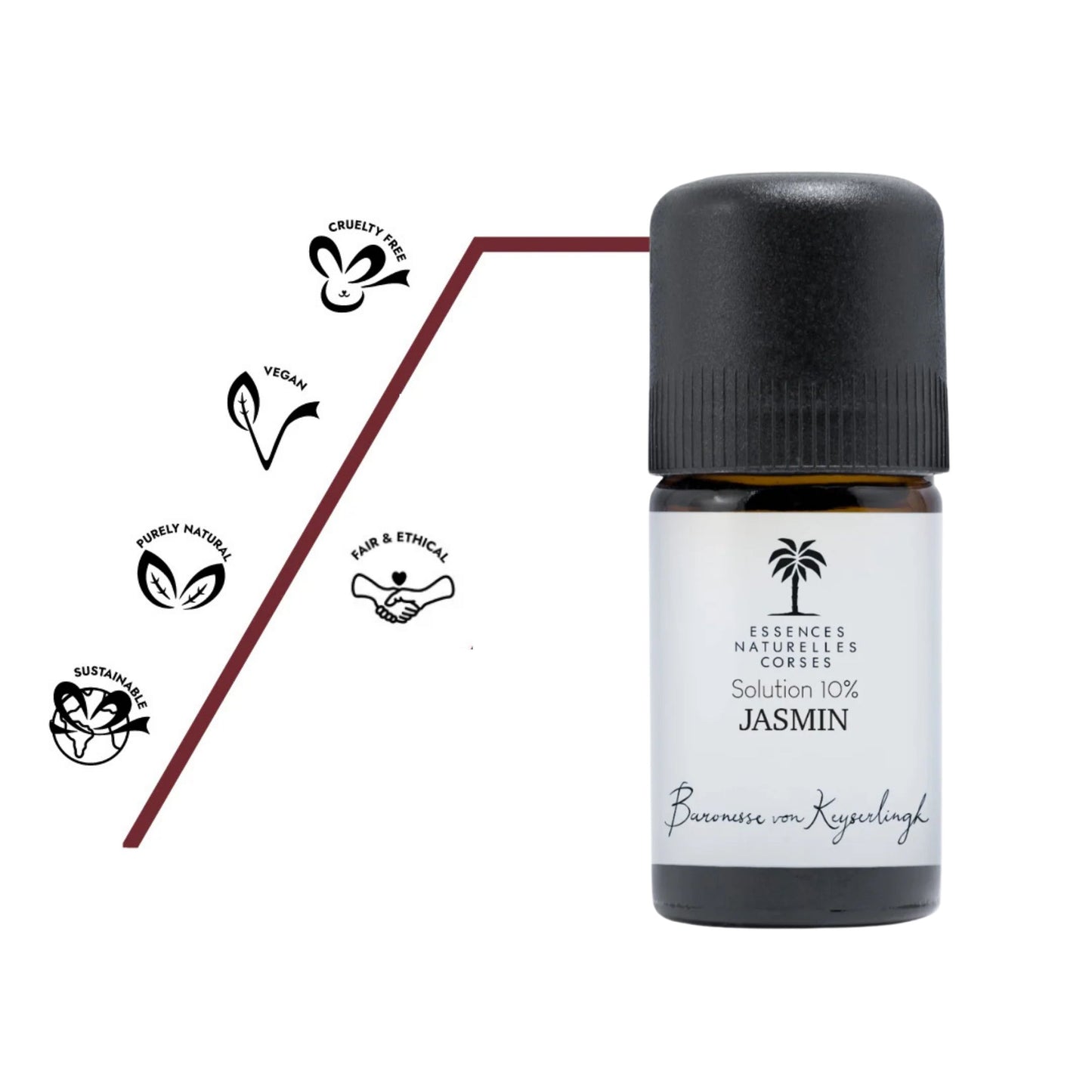 Flasche Bio ätherisches Öl Jasmin aus 100 % biologischem und naturreinem Anbau, teilweise biodynamisch kultiviert, aus eigener Handernte und Wildsammlung, vollständig pflanzlich und vegan, ohne Tierversuche hergestellt, mit transparenter Herstellung von Anbau über Destillation bis Abfüllung.