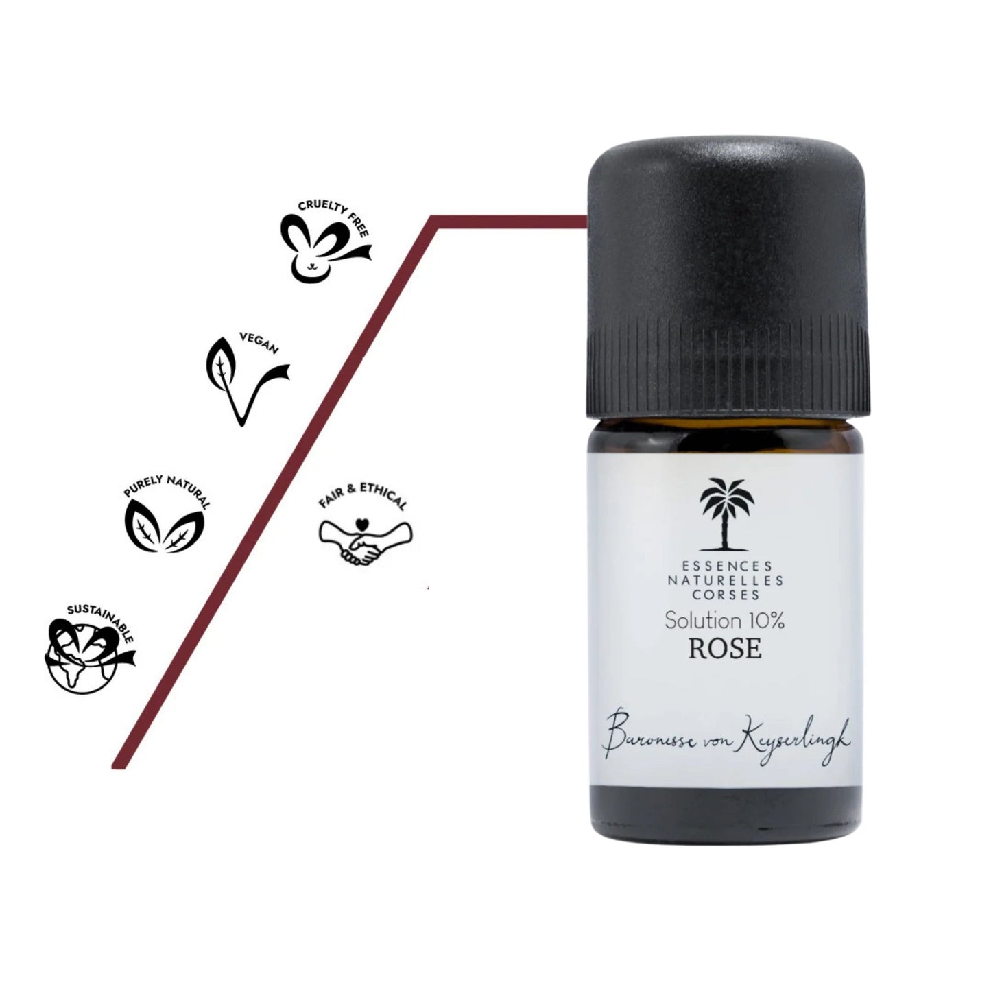 Flasche Bio ätherisches Blütenöl Rose aus 100 % biologischem und naturreinem Anbau, teilweise biodynamisch kultiviert, aus eigener Handernte und Wildsammlung, vollständig pflanzlich und vegan, ohne Tierversuche hergestellt, mit transparenter Herstellung von Anbau über Destillation bis Abfüllung.