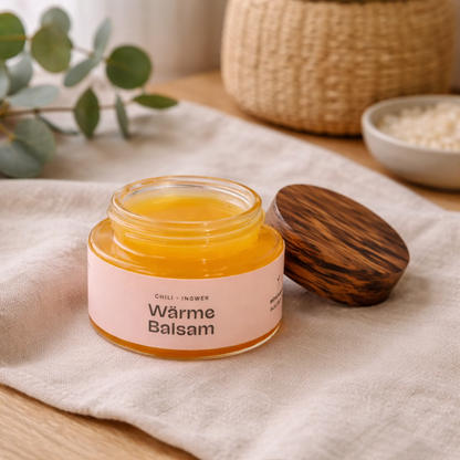Wärmender Balm, orange natürliche Farbe mit Ingwer und Chili für Muskelentspannung. 