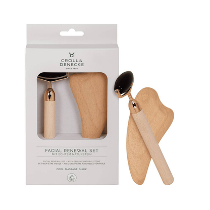 Obsidian-Gesichtsroller und Gua Sha aus Buchenholz – stimuliert Zellerneuerung, fördert Hautstraffung und optimale Aufnahme von Pflegeölen.