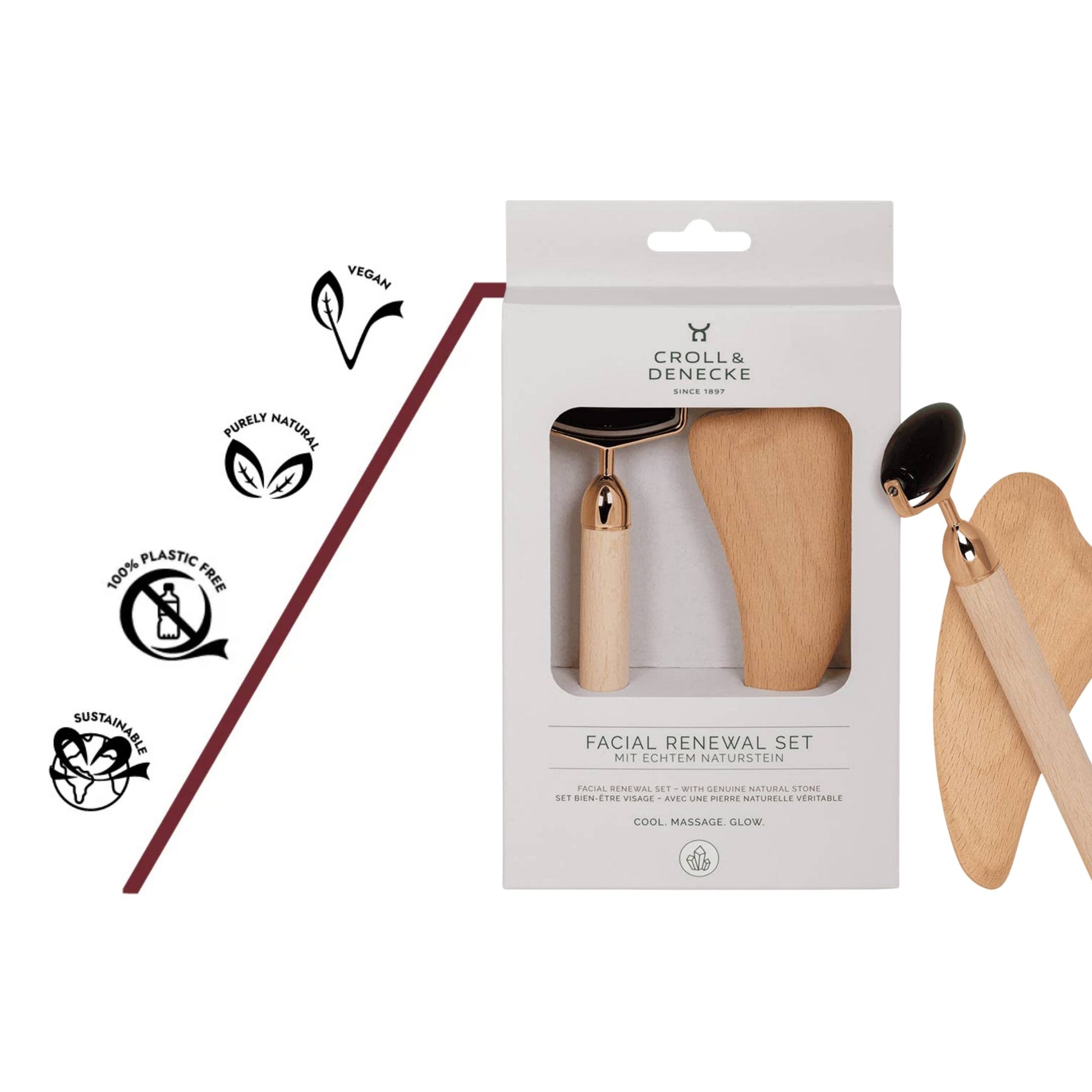 Obsidian-Gesichtsroller und Gua Sha aus Buchenholz – stimuliert Zellerneuerung, fördert Hautstraffung und optimale Aufnahme von Pflegeölen.