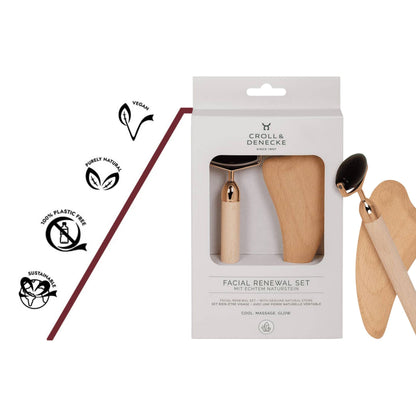 Obsidian-Gesichtsroller und Gua Sha aus Buchenholz – stimuliert Zellerneuerung, fördert Hautstraffung und optimale Aufnahme von Pflegeölen.