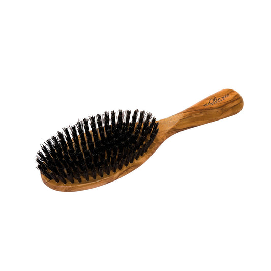 Haarbürste aus geöltem Olivenholz mit Naturborsten – sanftes Entwirren, natürliche Haarpflege und gesunde Kopfhaut.