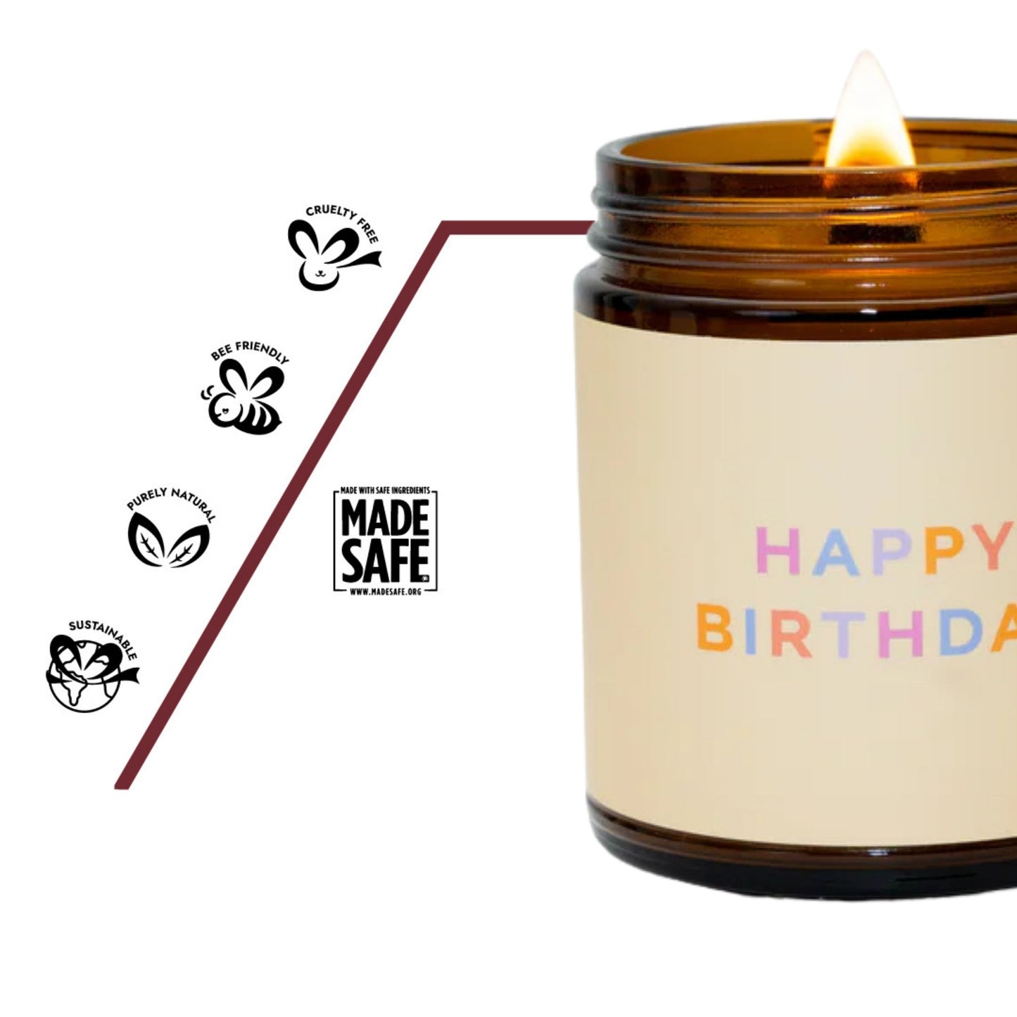 Happy Birthday Pure Vanilla Duftkerze mit Zertifikaten für non-toxic und schadstofffreie Inhaltsstoffe
